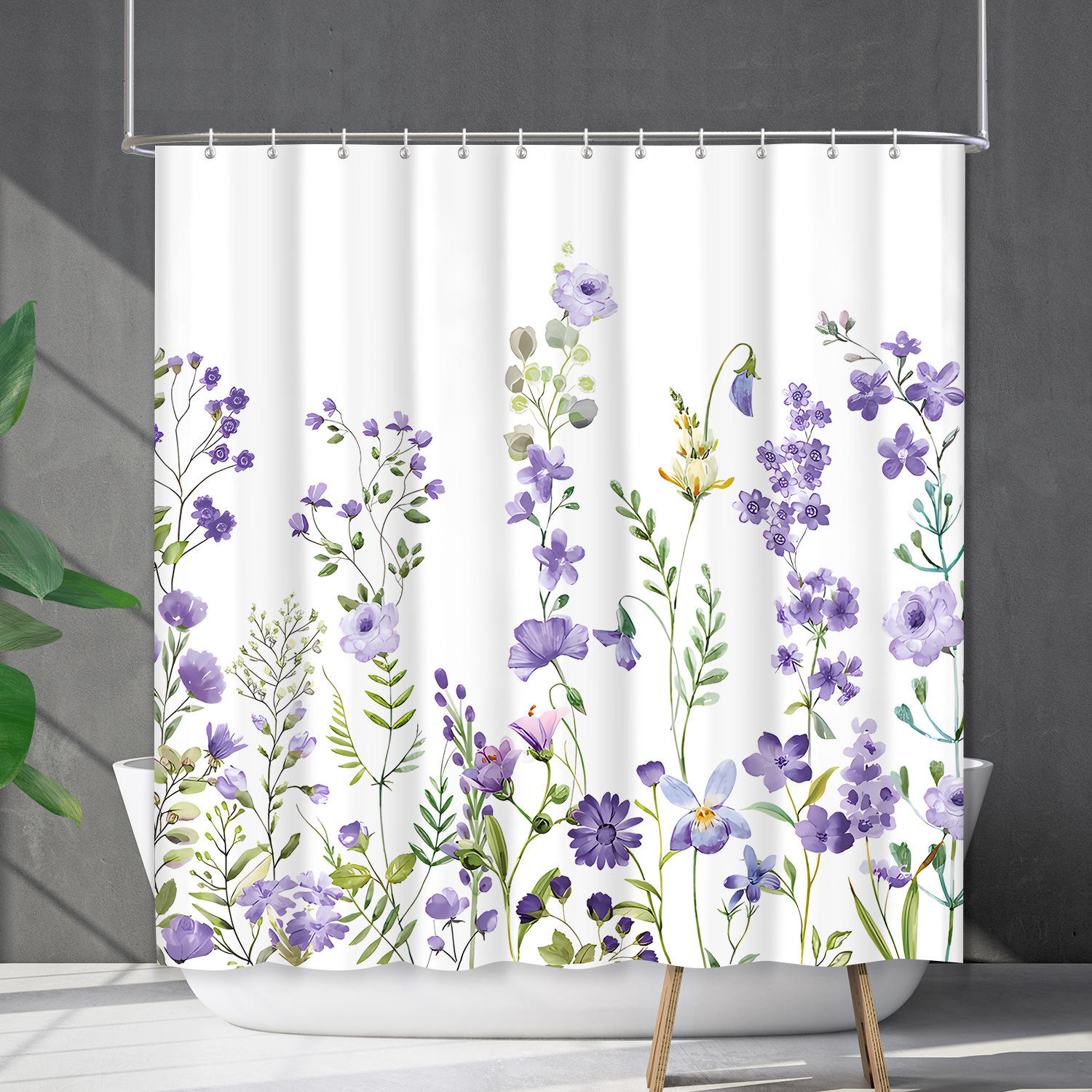 YL-38220 Customized Waterproof Shower Curtain Set with Floral Plants, Flower and Grass Shower Cover, No Drill Required
