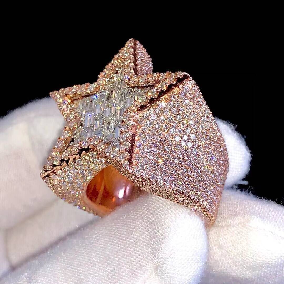 Rappers Hip Hop Trendy Moissanite Diamond Custom Bling Star Ring 925 Sterling Silver Rose Gold Plated Wedding Anniversary Party