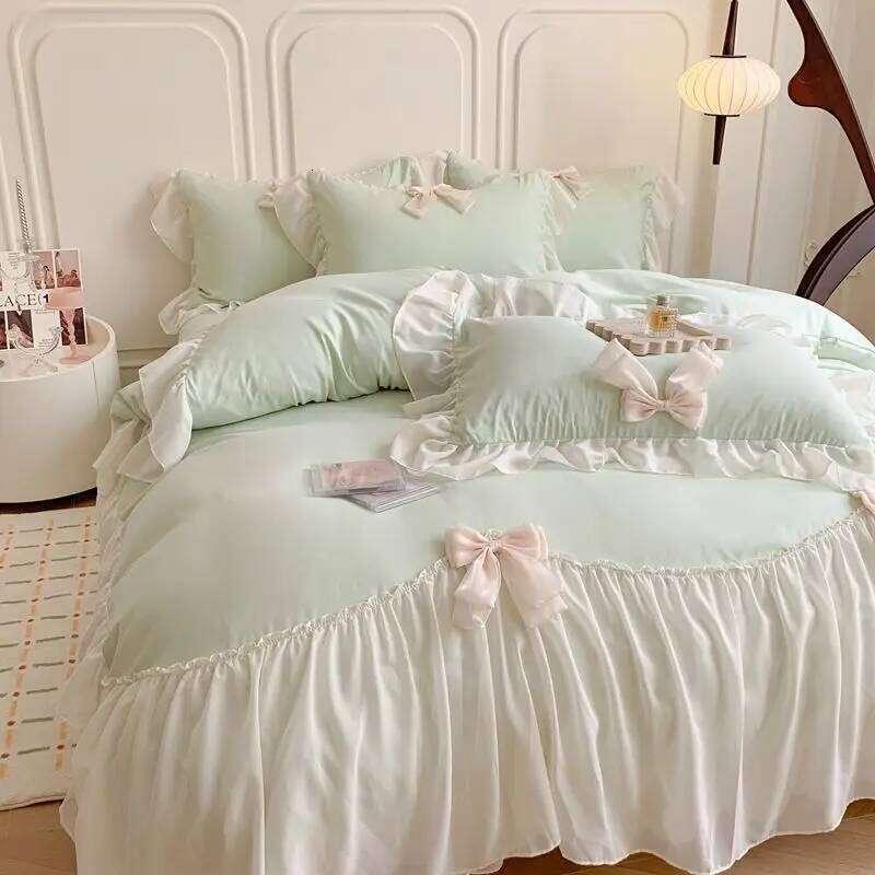 French Princess Style Bedding Sets Ruffle Lace Bow Quilt Romantic Bedclothes Decor Woman Girls Bedroom Duvet Cover 4pcs Y260124
