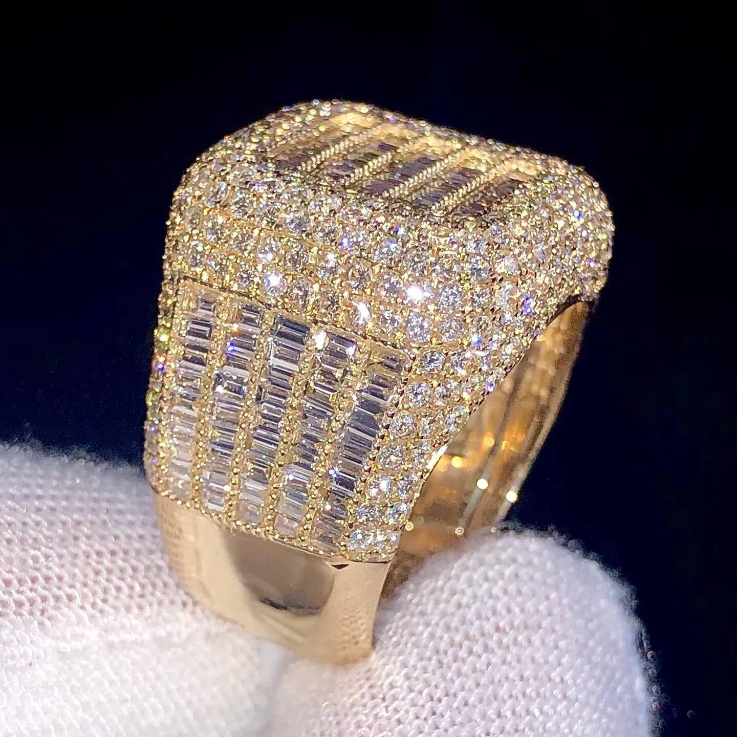 Ravishing New Mens Iced Out Hip Hop Ring in 14 Kt Yellow Gold Round and baguette Cut Lab Grown Diamond with Latest Pattern
