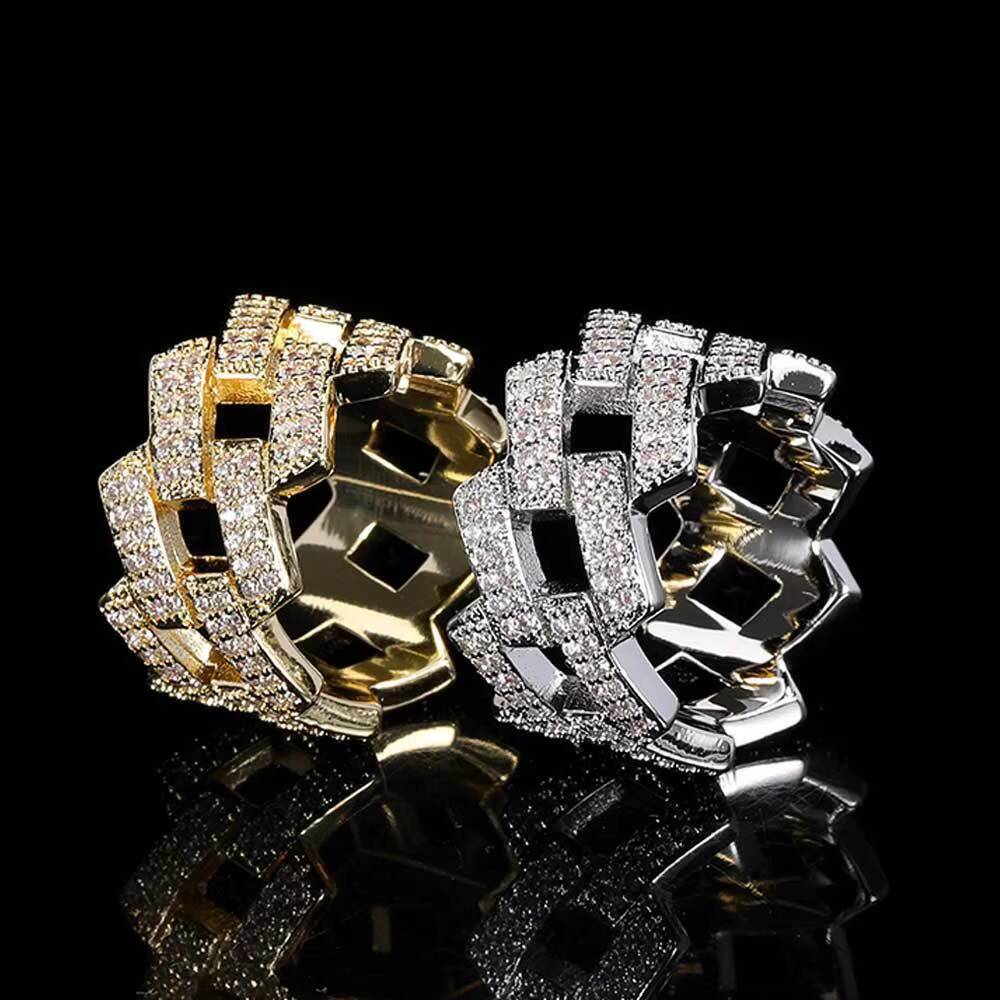 Roise European American Hip-hop 14mm Stainless Steel Genuine Gold Plating Cuban Inlaid Trendy Unisex Exhibition Ring