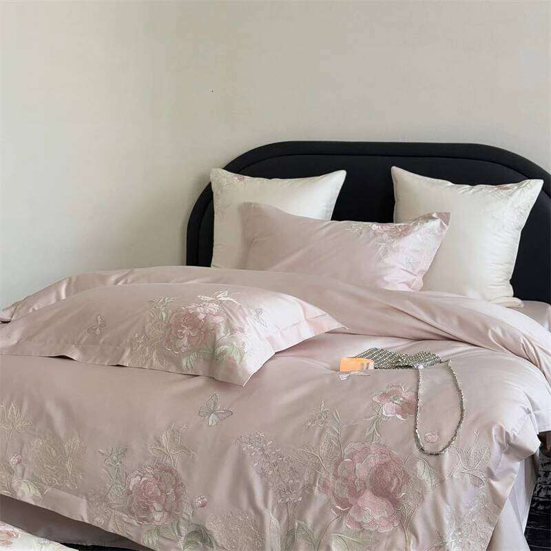Premium 600TC Egyptian Cotton Luxury Flowers Butterfly Embroidery Pink Bedding Set Duvet Cover Flat/Fitted Sheet Pillowcase 4Pcs Y260124