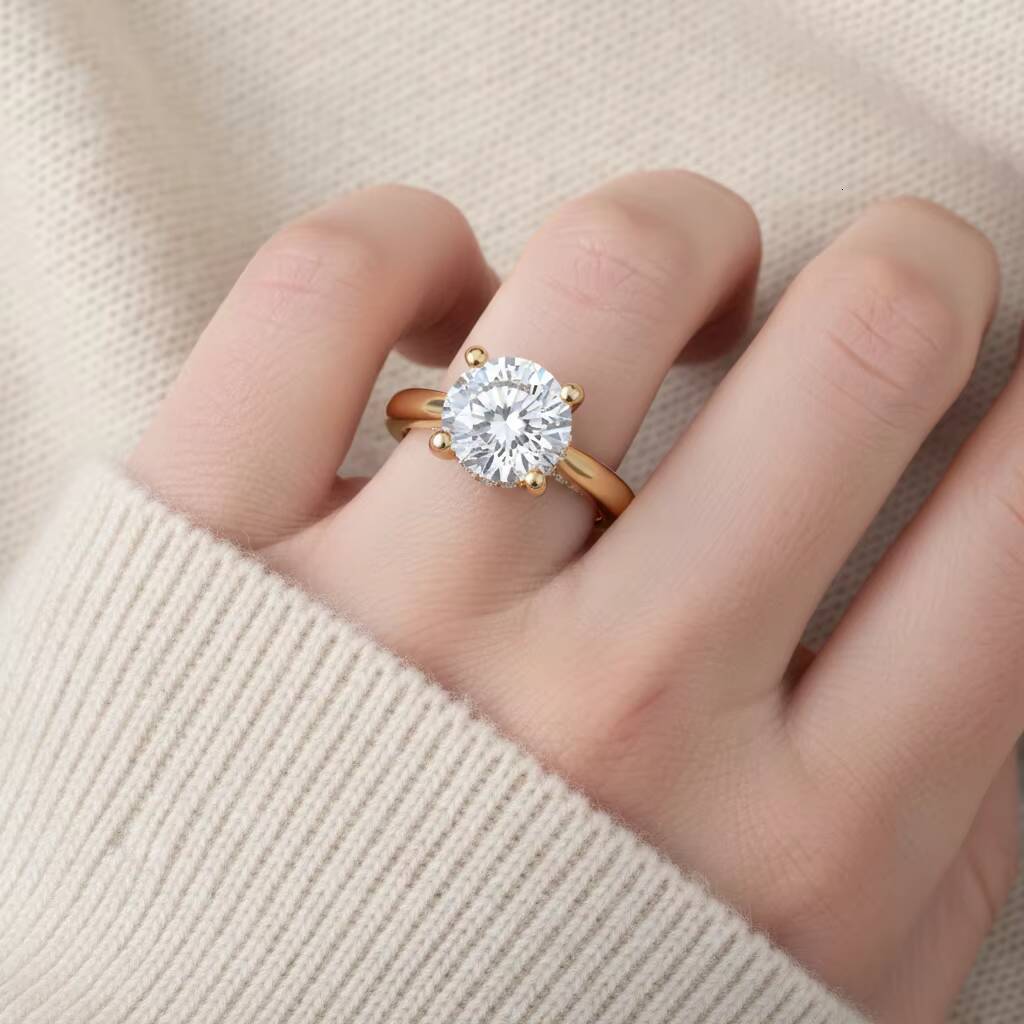15ct Radiant Cut Lab Grown Diamond Engagement Ring with Hidden Halo Solitaire Setting 14k Gold Cut Whisper Thin