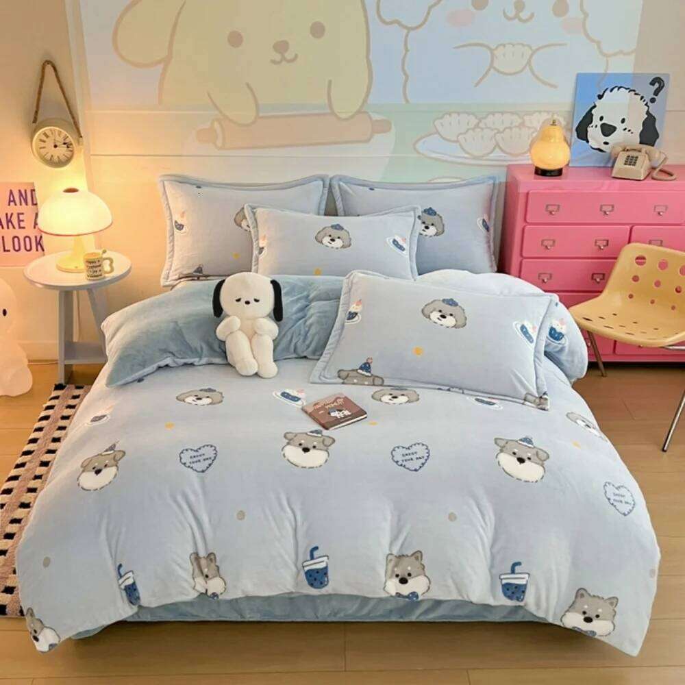 Cartoon Printed Bedding Thickened Winter Warm Soft Milk Velvet Four-Piece Set Bedroom Decor Quilt Cover Bed Sheet Pillowcase Y260124