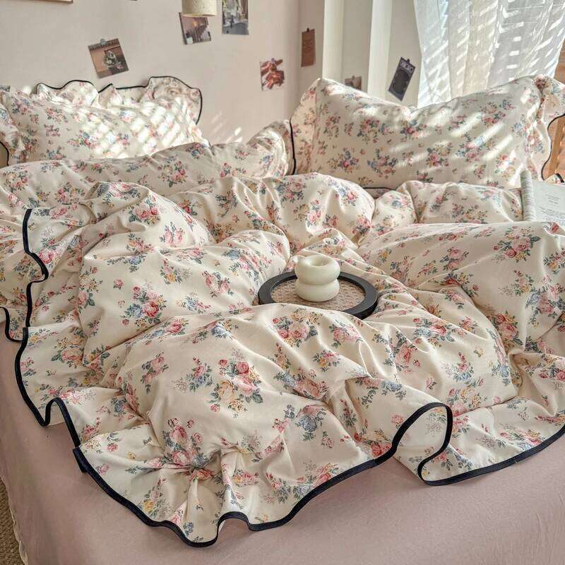 Korean Style Floral Ruffles Knitted Yarn Bedding Set Double King Queen Size Duvet Cover Flat/Fitted Bed Sheet Pillowcases Y260124