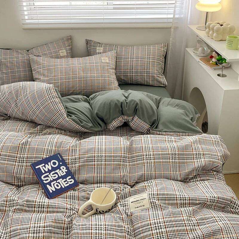 Nordic Plaid Pattern Wash Cotton Bedding Duvet Pillowcase Sheet Comforter Cover Bed Linens Set Queen King Size Y260124