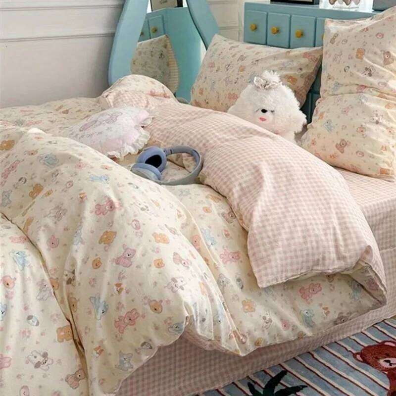 Cute Cartoon Bedding Set New No Filler Ins Soft Duvet Flat Sheet Pillowcases Twin Queen Size Girls Boys Comforter Cover Y260124