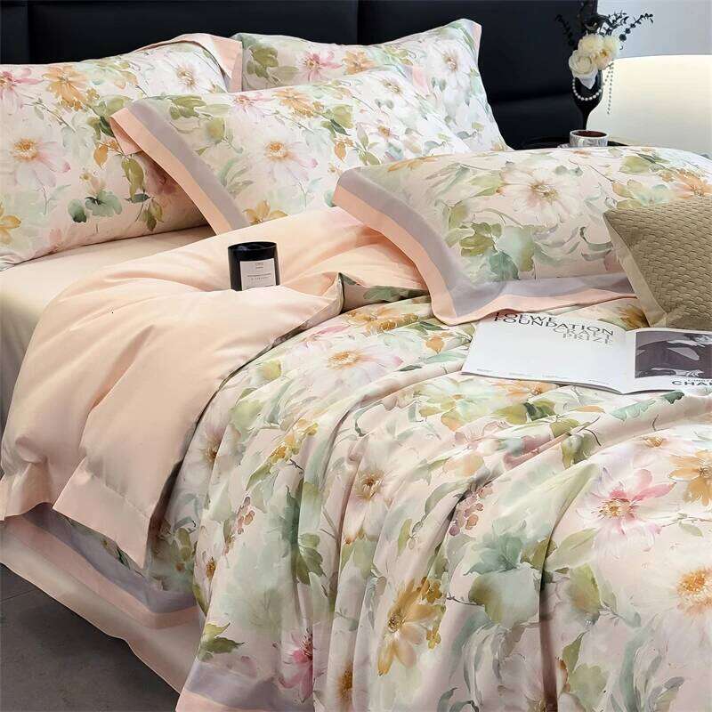 600TC Cotton Floral Leaves printed Luxury Bedding Set Duvet Cover Flat/Fitted Bed Sheet Pillowcases Double Queen King 4Pcs Y260124