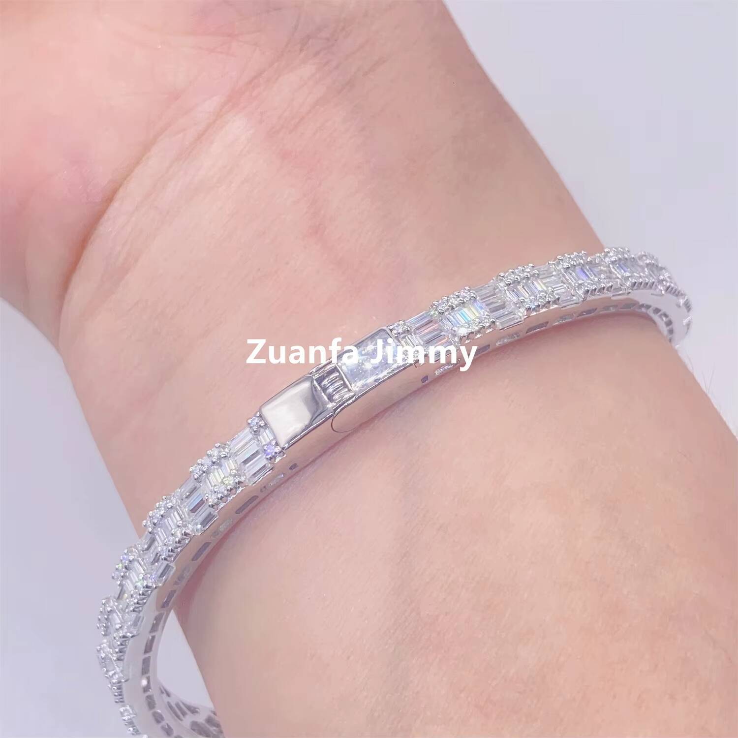 Pass Diamond Tester Moissanite Hip Hop Jewelry 925 Sterling Silver White Gold Plated Heart Baguette Moissanite Bangle Bracelet