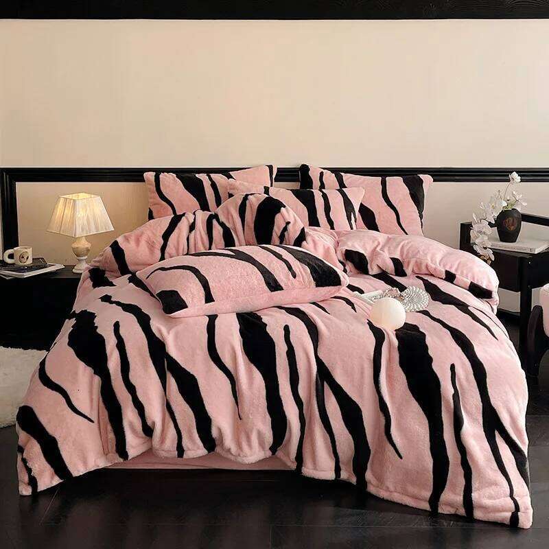 2025 New Zebra Pattern Warm Rabbit Four-piece Set Winter Milk Thickened Quilt Cover Sheet Double-sided Fleece Y260124