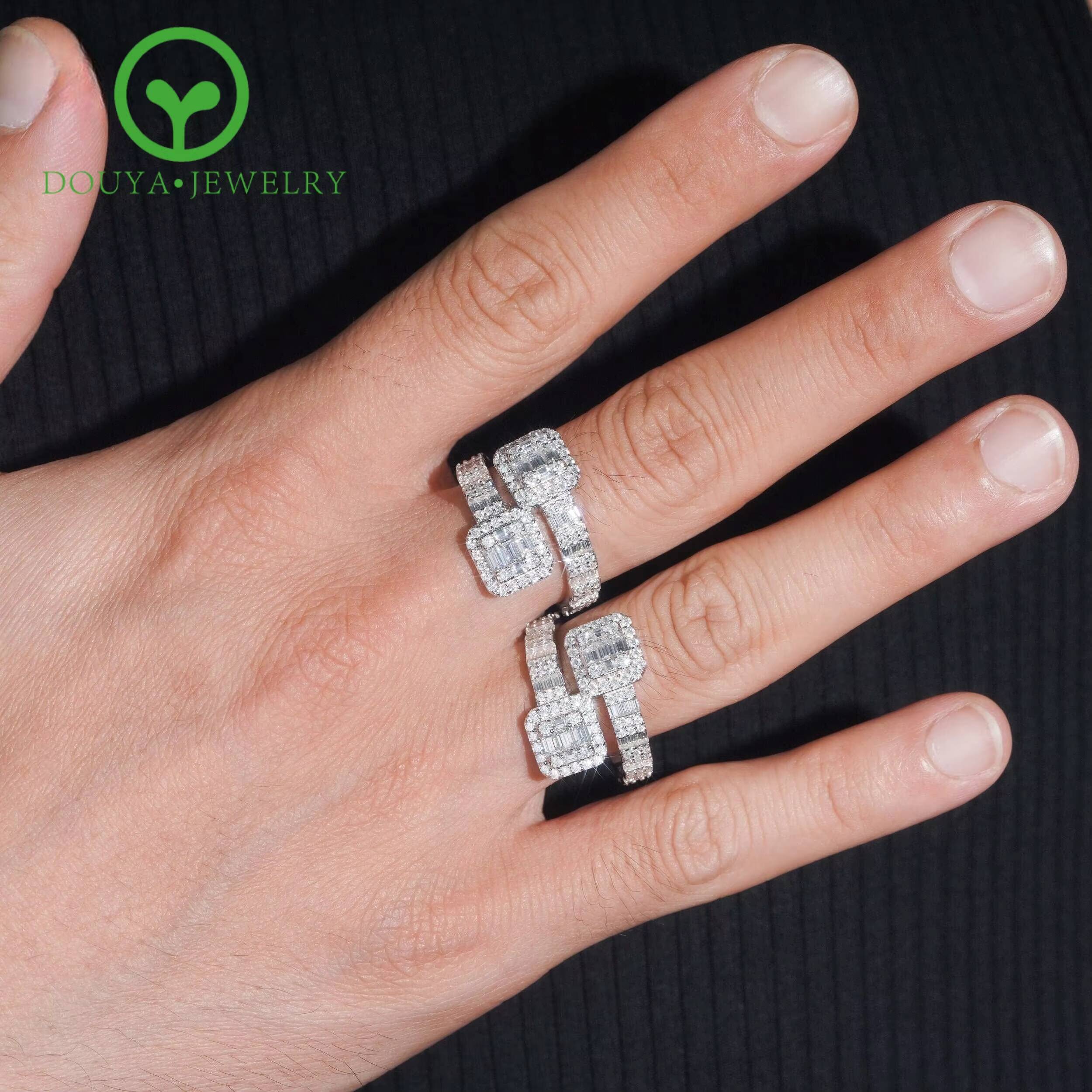 High Quality Mens Hip Hop Moissanite Diamond Rings 925 Silver Gold Plated Baguette Style Ready to Ship