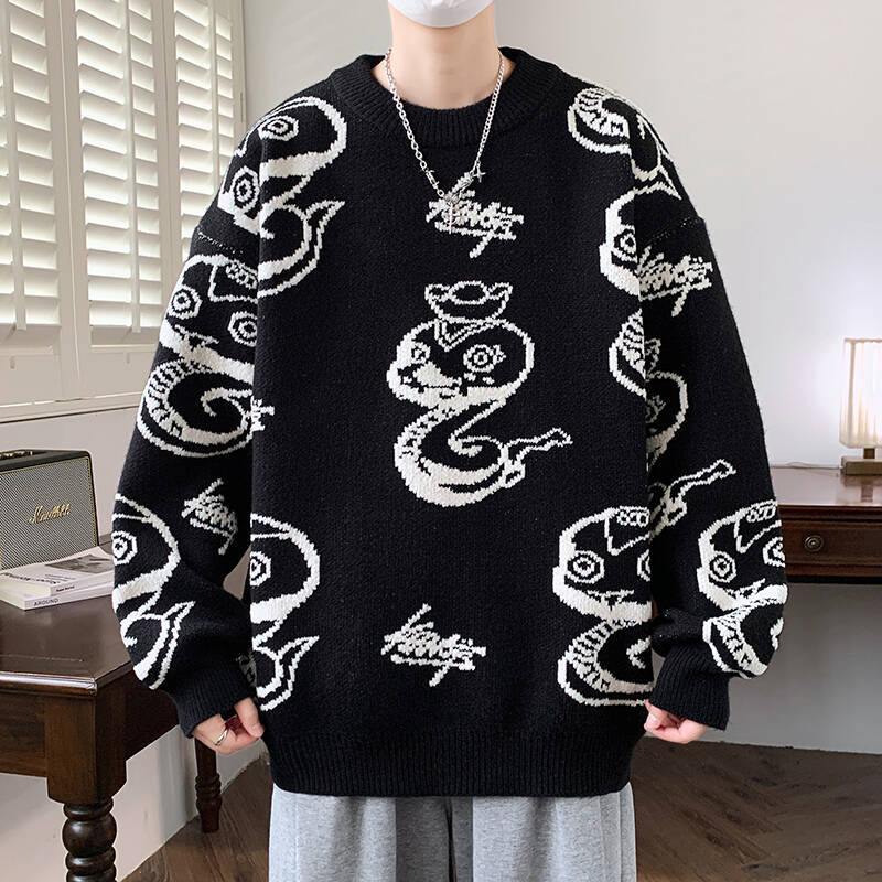 Men's Warm Coat Designer Winter Casual Trendy Knit Sweater Men's Outdoor Basic Knit Shirt Chinese Zodiac Snake New Style Teenage Cartoon Kni