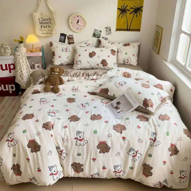 A-Class Washed Cotton Printed Comforter 4Pcs Cartoon Style Nude Bed Sheet Bedding Set Lightweight Breathable Duvet Kits Y260124
