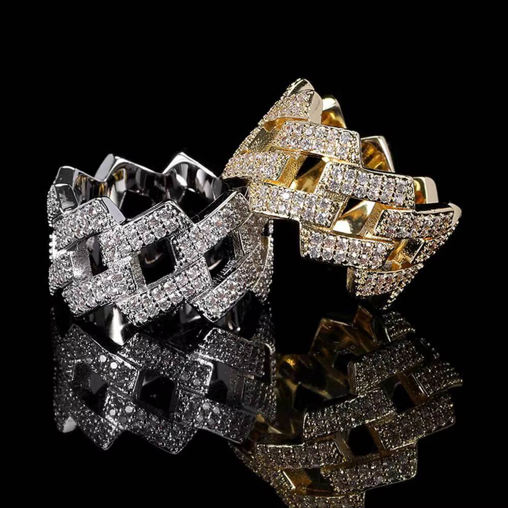 Roise European American Hip-hop 14mm Stainless Steel Genuine Gold Plating Cuban Inlaid Trendy Unisex Exhibition Ring