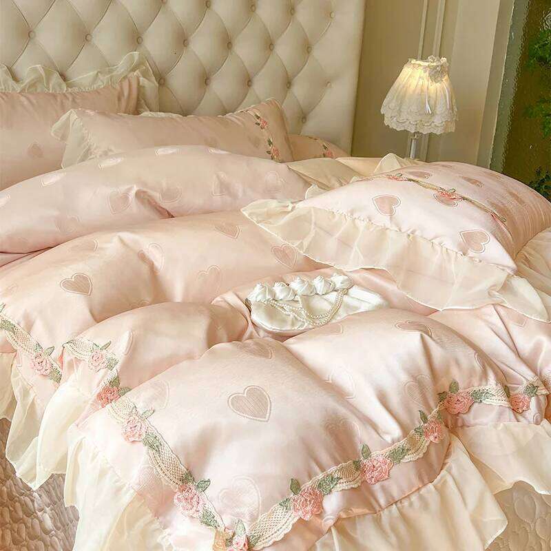 4Pcs Pure Cotton French Flowers Lace Ruffles Princess Wedding Bedding Set Duvet Cover Quilted Bedspread Bed Skirt Pillowcases Y260124