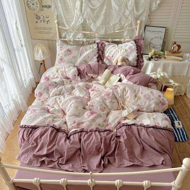 2025 new Korean French lazy puff flower edge quilt cover four-piece princess style dormitory three-piece set Y260124
