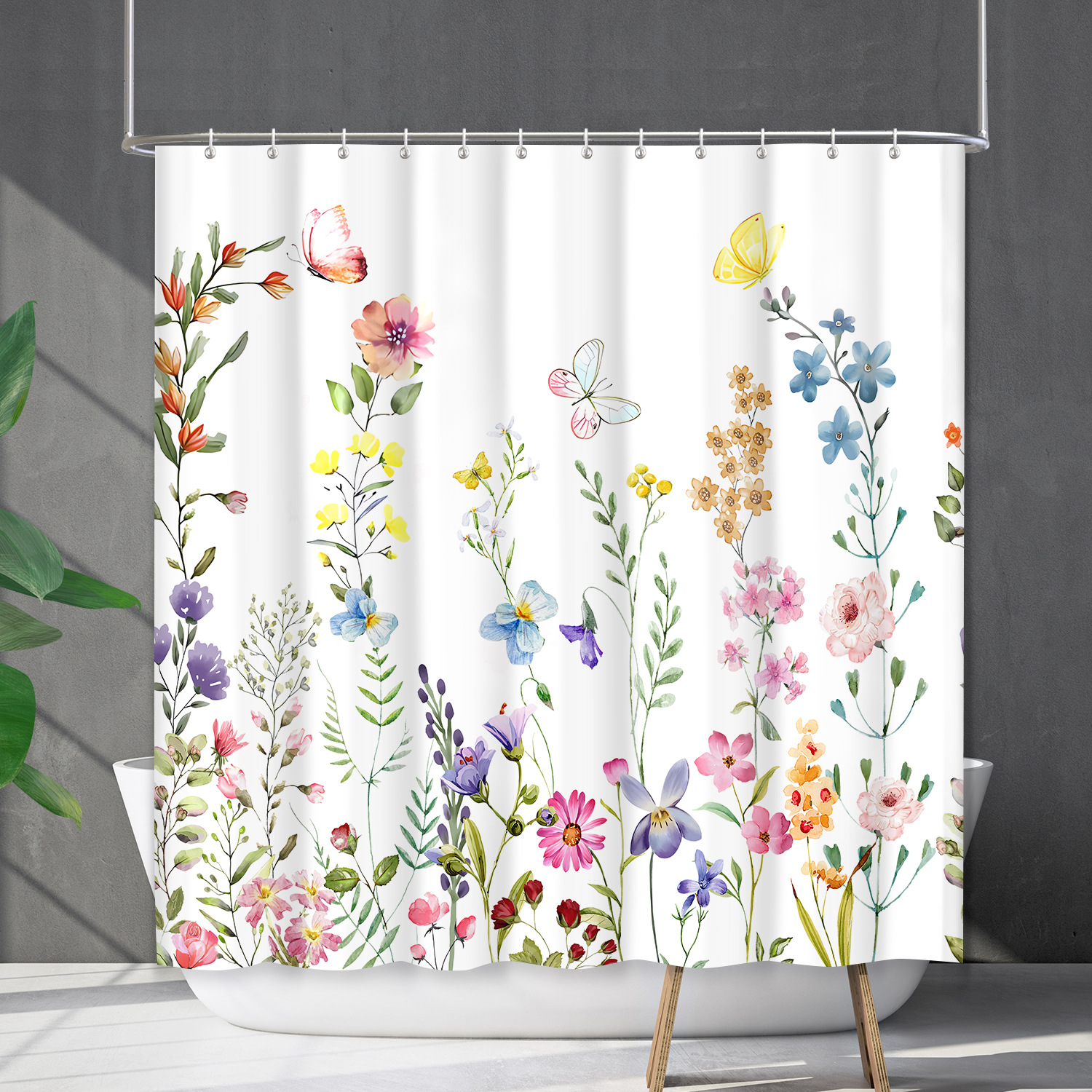YL-38220 Customized Waterproof Shower Curtain Set with Floral Plants, Flower and Grass Shower Cover, No Drill Required