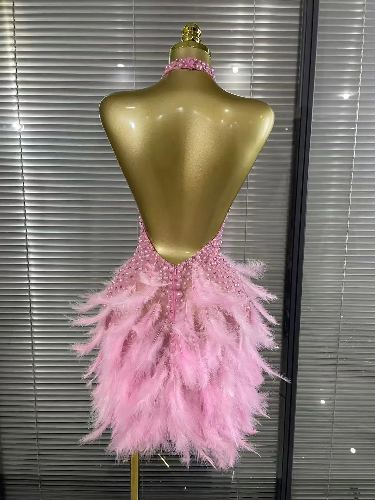 Sparkly Rhinestones Pearls Halter Backless Mini Feathers Skirt Women Sexy Mesh Transparent Performance Dance Costume Stage Wear 260121 - view 5