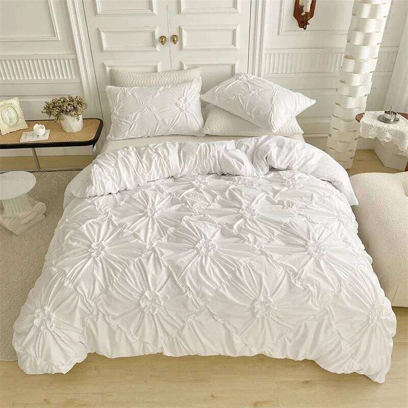 High End Three-dimensional Pinch Pleated Duvet Queen Solid Color Single Double Bedding Set Quilt Cover and Pillowcase Y260124