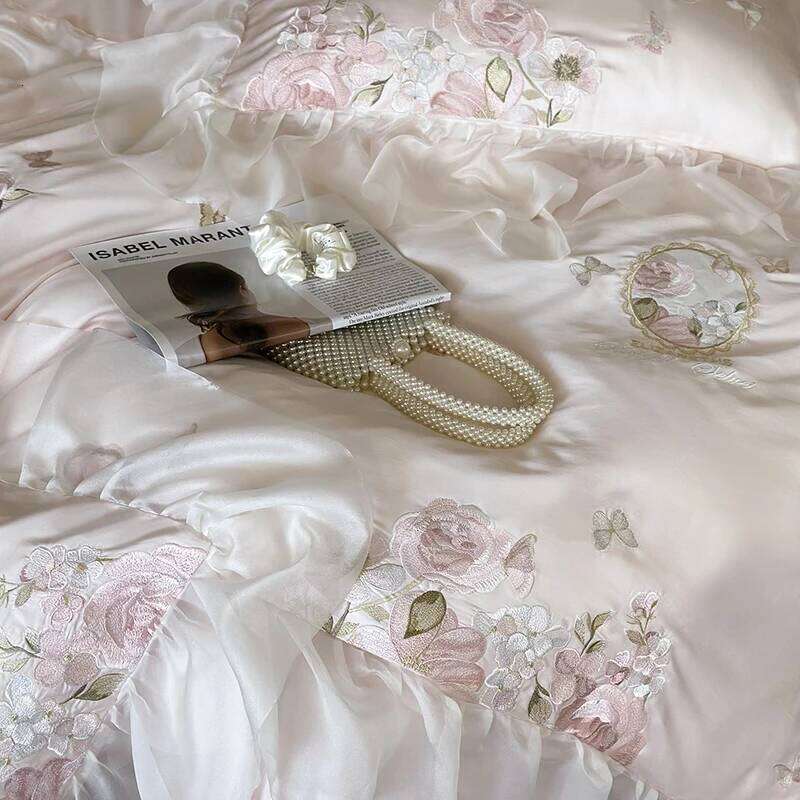 4Pcs Vintage French Lace Ruffles Flower Embroidery Lyocell Cotton Bedding Duvet Coves Set Bed Fitted Sheet Pillowcases Y260124
