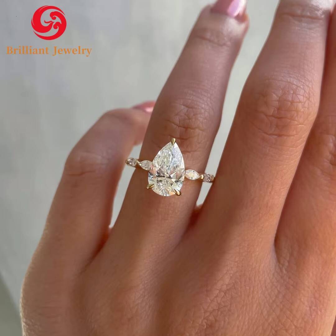 Solid 14K 18K Gold Mossanite Engagement Wedding Ring 7x9mm 3CT VVS1 Pear Moissanite Factory Price