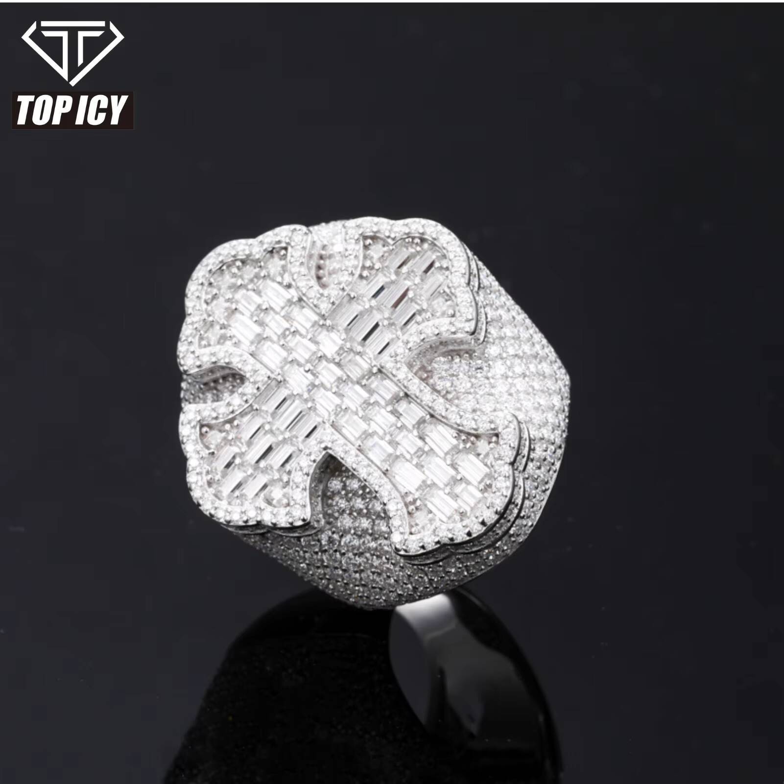 New Arrivals Micro VVS Baguette Moissanite Ring 925 Sterling Silver Hip Hop Rappers Cross Jewelry Bling Cross Ring for Man