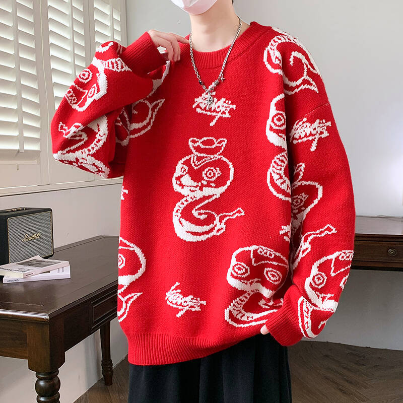 Men's Warm Coat Designer Winter Casual Trendy Knit Sweater Men's Outdoor Basic Knit Shirt Chinese Zodiac Snake New Style Teenage Cartoon Kni