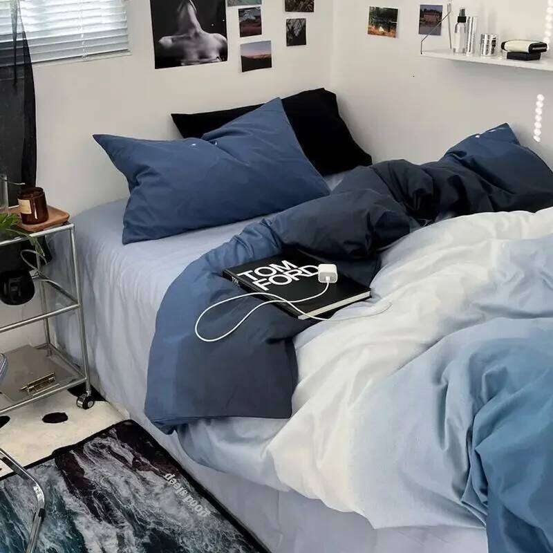 Gradient Bedding Set INS Blue Duvet Cover Flat Sheet Pillowcase Soft Thin Polyester Bedspread Full Size Bed Linen No Filler Y260124