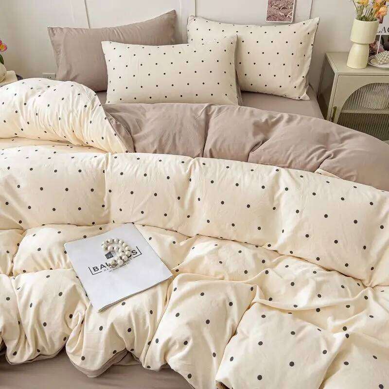 Korean Dot Bedding Ins Washed Cotton Cream Three or Four-piece Soft Girl Duvet Cover No Filler Pillowcase Flat Bed Sheet Set Y260124