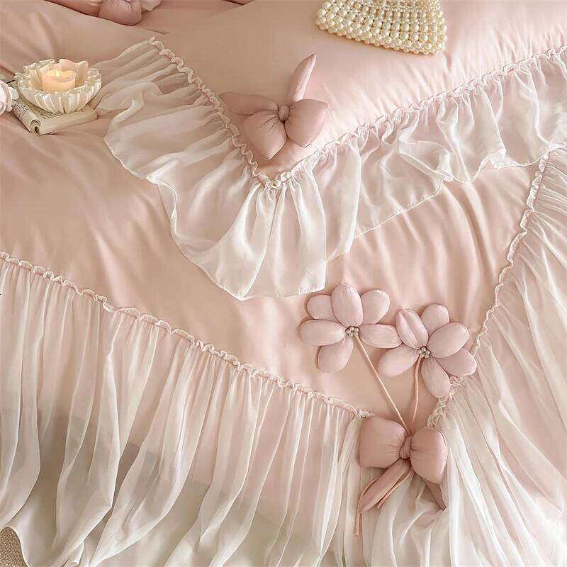 Flowers Bow Lace Ruffles Princess Wedding Bedding Set 1000TC Egyptian Cotton Duvet Cover Flat/Fitted Bed Sheet Pillowcases 4Pcs Y260124