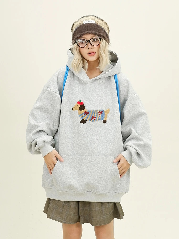 Women Sweatshirt Streetwear Couples Tops Casual Loose Hoodie Autumn Winter Cartoon Dog Embroidery Hooded Pullover 260121
