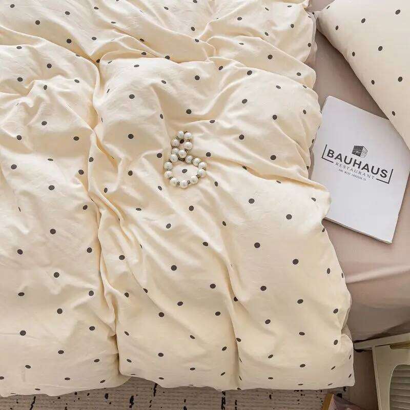 Korean Dot Bedding Ins Washed Cotton Cream Three or Four-piece Soft Girl Duvet Cover No Filler Pillowcase Flat Bed Sheet Set Y260124