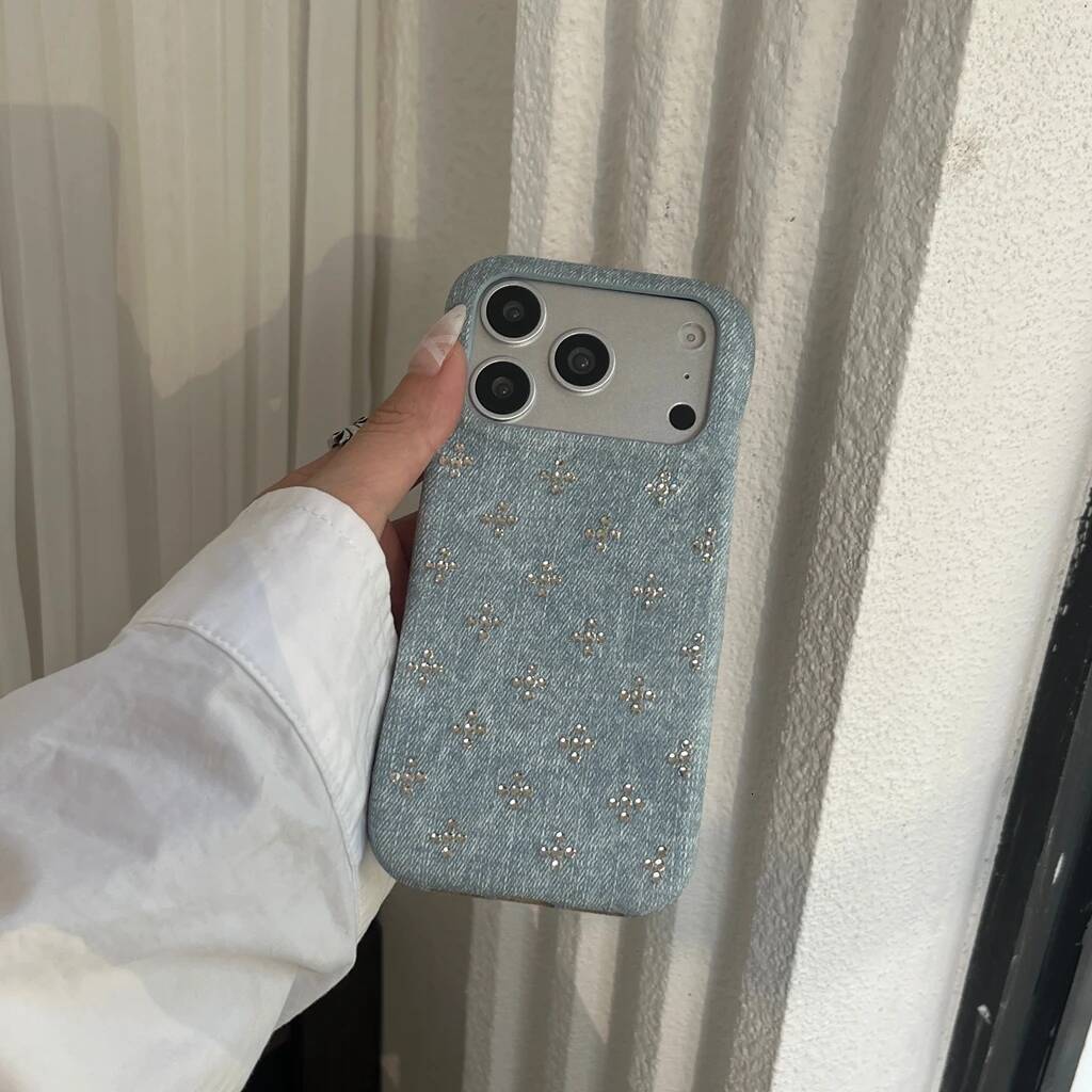 Retro Trendy Cool Blue Black Denim Texture Rivet Small Flower Shock Proof Phone Cover Case for iPhone 17 16 15 14 Pro Max