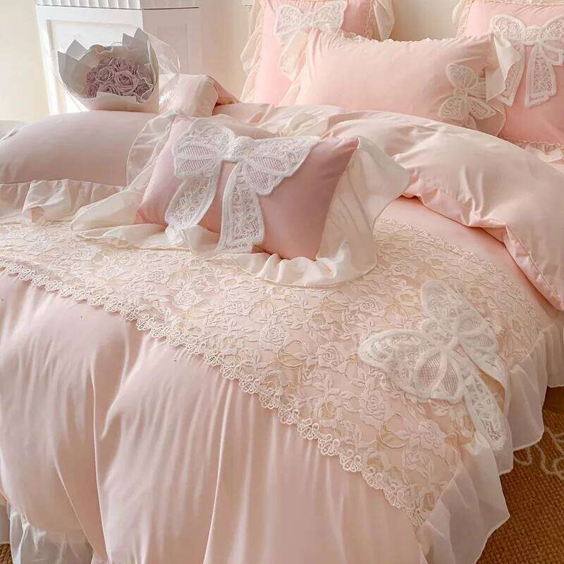 Three-dimensional Embroidery Aesthetic Lace Washed Cotton Quilt Cover Chiffon Soft /Breathable Bed Sheet Bedding Four Piece Set Y260124