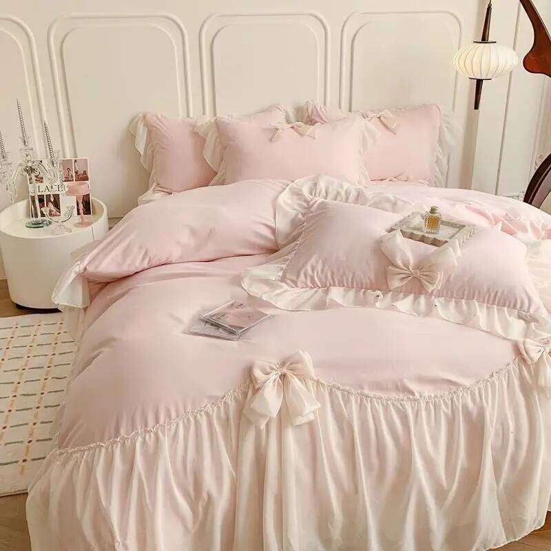 French Princess Style Bedding Sets Ruffle Lace Bow Quilt Romantic Bedclothes Decor Woman Girls Bedroom Duvet Cover 4pcs Y260124