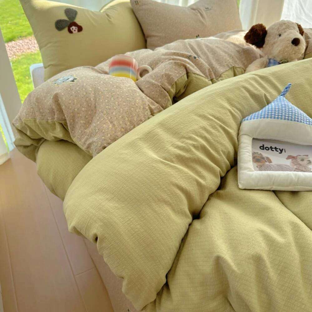 Cartoon Embroidery Printed Four-Piece Comfortable Bedroom Decor Bedding Set Duvet Cover Bed Sheet Pillowcase Home Textiles Y260124