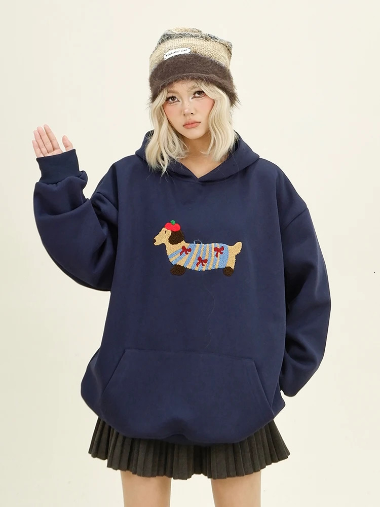 Women Sweatshirt Streetwear Couples Tops Casual Loose Hoodie Autumn Winter Cartoon Dog Embroidery Hooded Pullover 260121