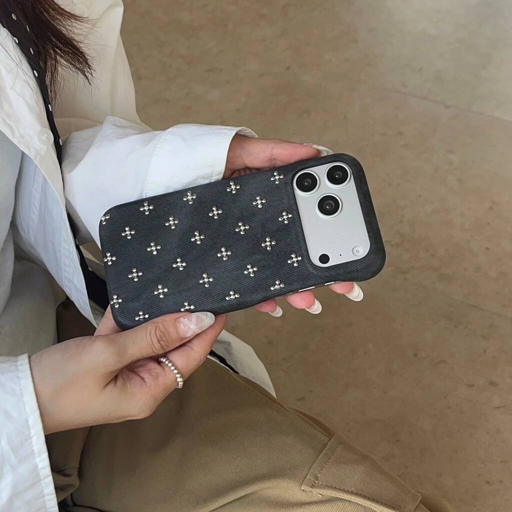 Retro Trendy Cool Blue Black Denim Texture Rivet Small Flower Shock Proof Phone Cover Case for iPhone 17 16 15 14 Pro Max