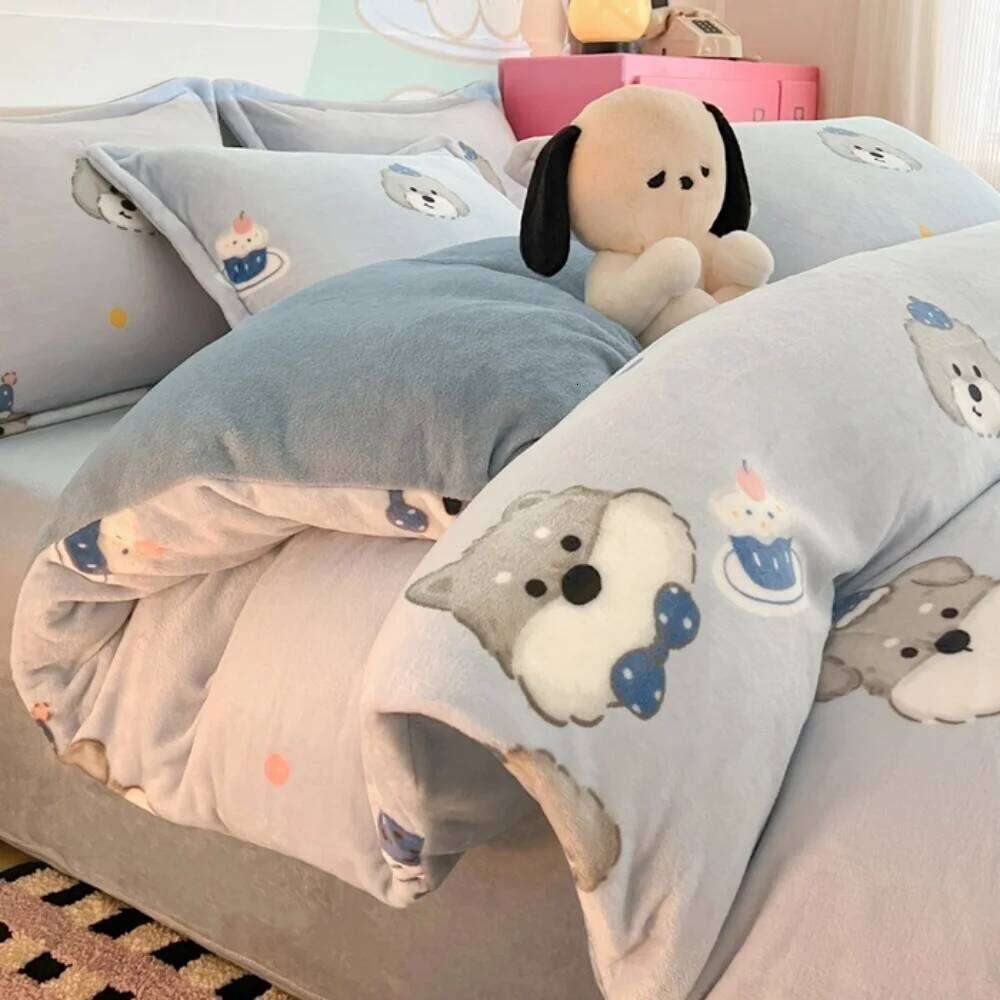 Cartoon Printed Bedding Thickened Winter Warm Soft Milk Velvet Four-Piece Set Bedroom Decor Quilt Cover Bed Sheet Pillowcase Y260124