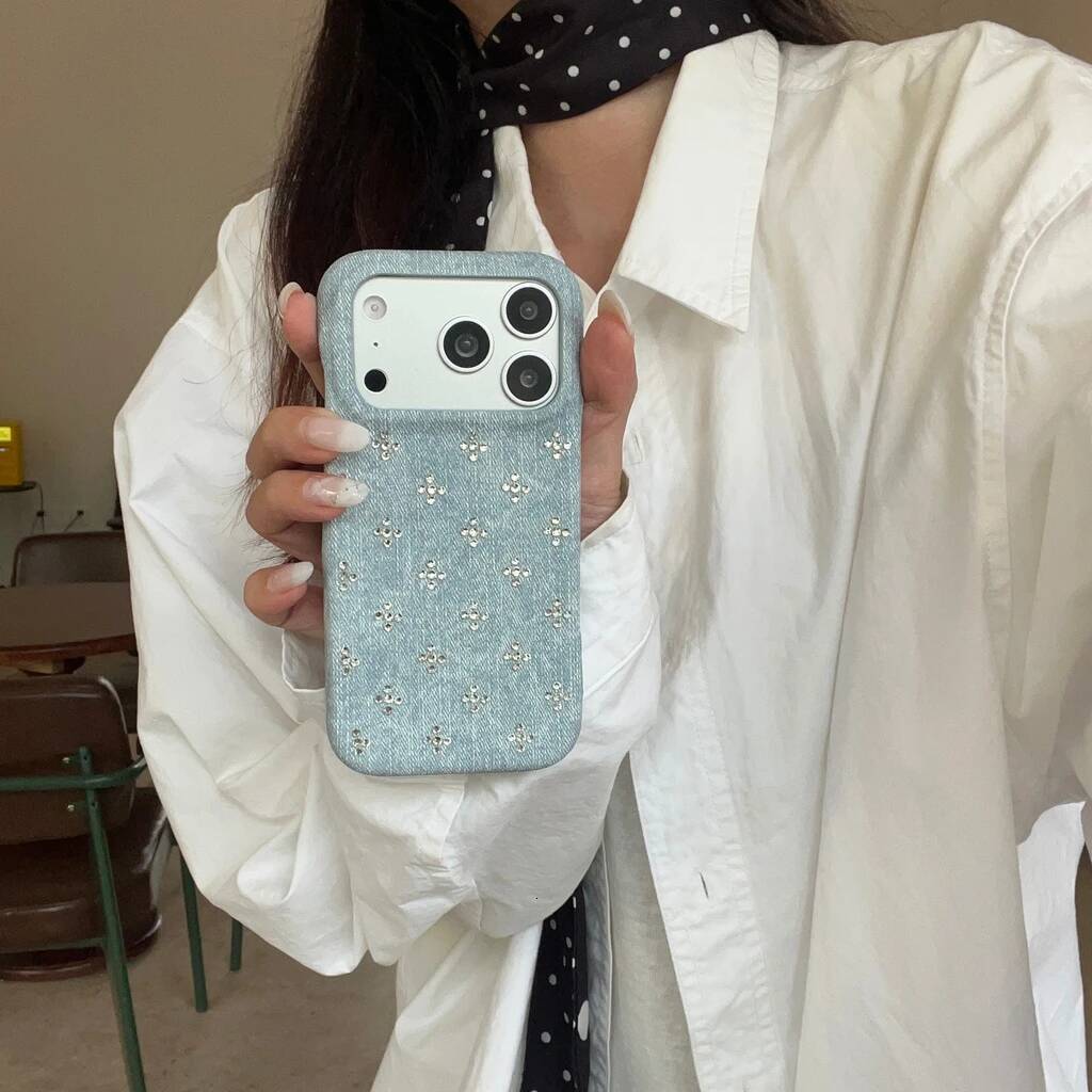 Retro Trendy Cool Blue Black Denim Texture Rivet Small Flower Shock Proof Phone Cover Case for iPhone 17 16 15 14 Pro Max