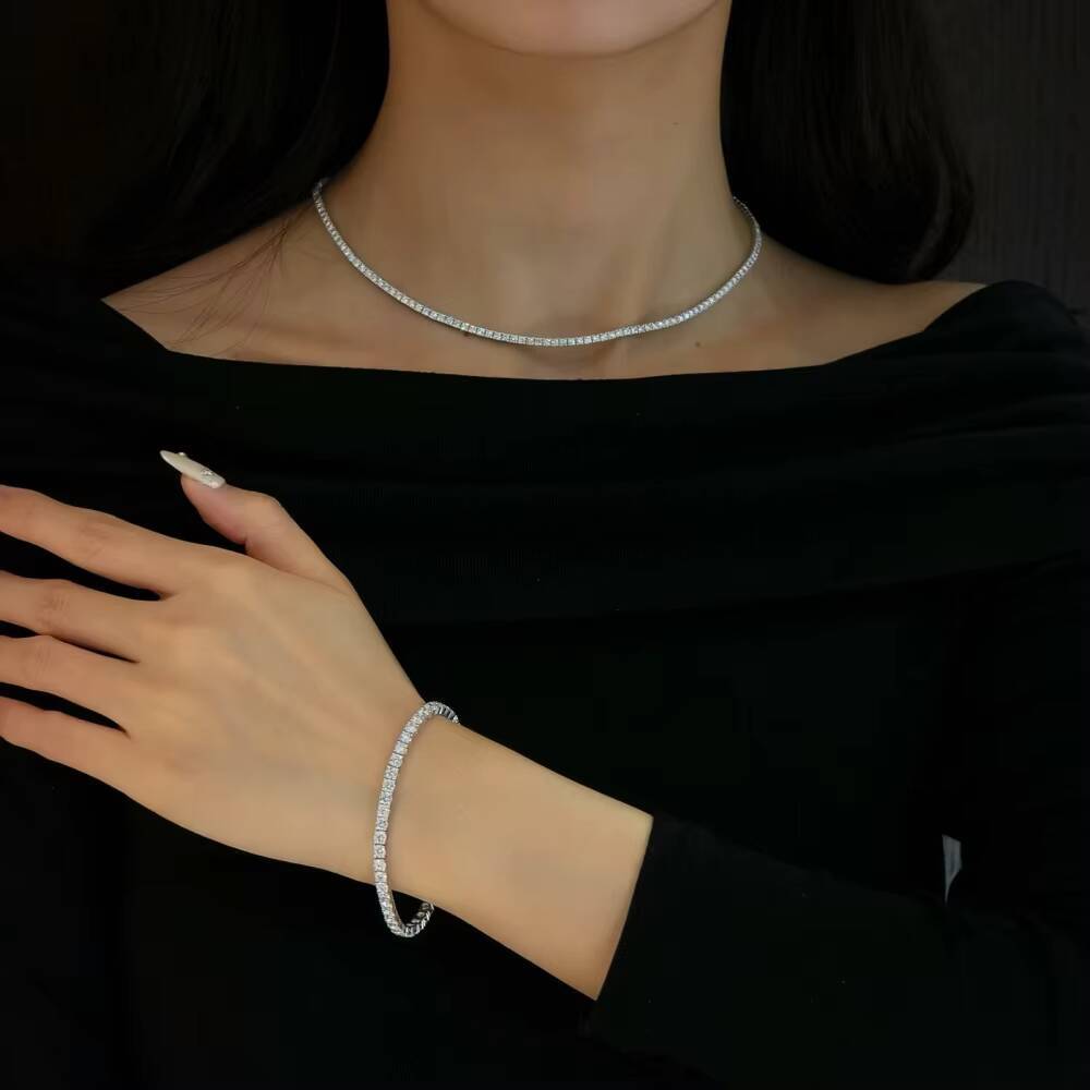 Platinum Lab Grown Diamond Round Brilliant Cut 34mm Tennis Bracelet Four-Prong Full Diamond Chain CMA Certified Couple Gift