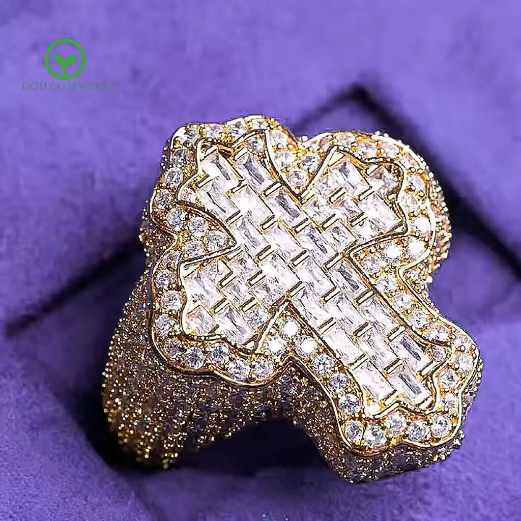 GRA Hip Hop Iced Out Bling 925 Sterling Silver Pass Diamond Tester VVS Moissanite Fleur Baguette Cross Ring for Men