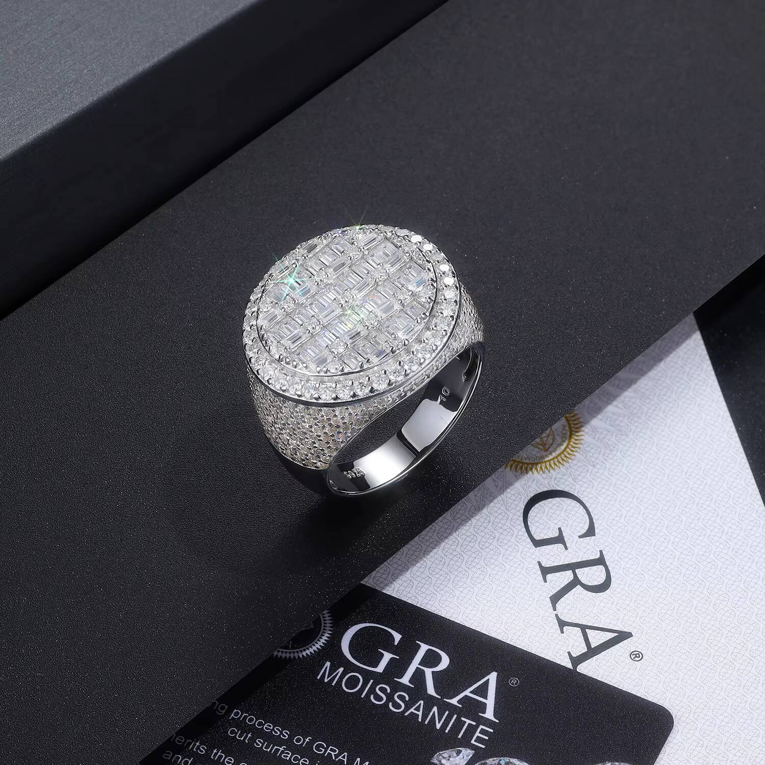 Wholesale Custom Full Ice Out Baguette Moissanite Ring S925 Sterling Silver 18K Gold Plated Mens Hip Hop Rapper Jewelry