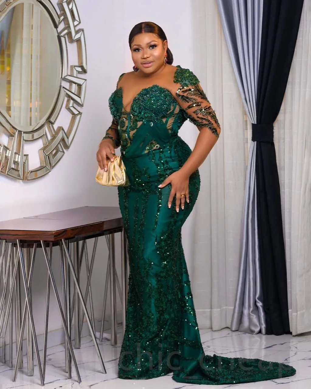 Aso Ebi Dark Green Mermaid Prom Dresses With Long Sleeves Shiny Sequins Beaded Formal Evening Gowns Plus Size African Black Women Sexy Second Receptio