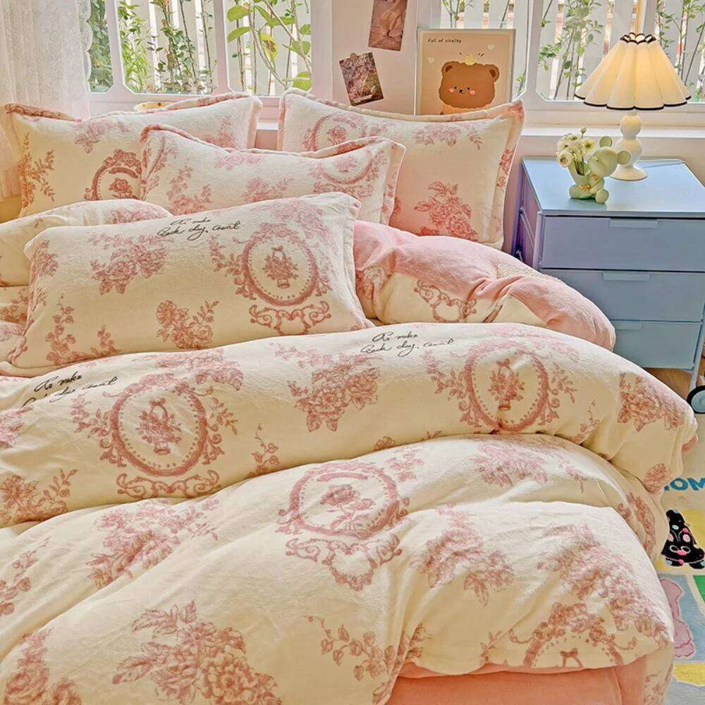 Printing Thicken Milk Velvet Bedding Set Winter Warm Quilt Cover Pillowcase Bed Linen Home Anti-static Soft Four Piece Sets Y260124
