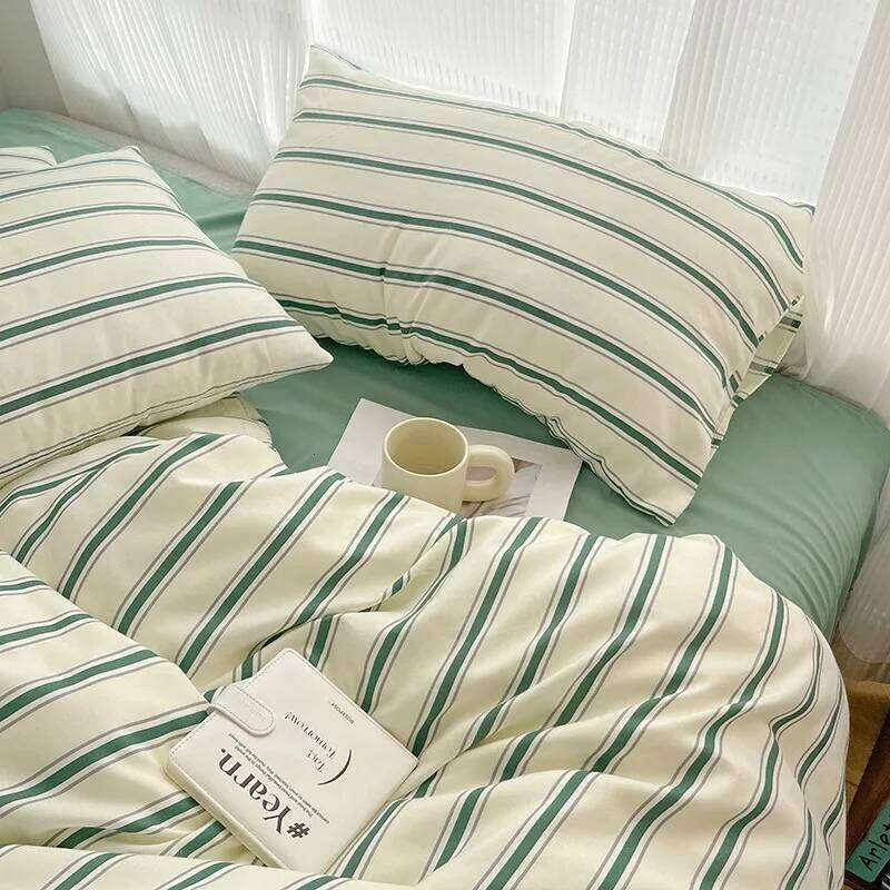 Linen Sheets Blogger Style Line Four-piece Set Girl Heart Fresh Green Bed Sheet Vertical Stripe Quilt Cover 1.5m1.8 Y260124