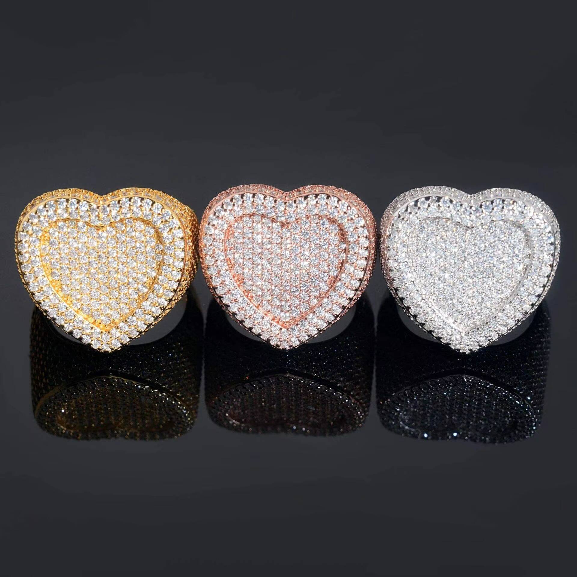 Hip hop jewellery moissanite iced heart ring luxury pav diamond style bold statement unisex hip hop jewellery ring