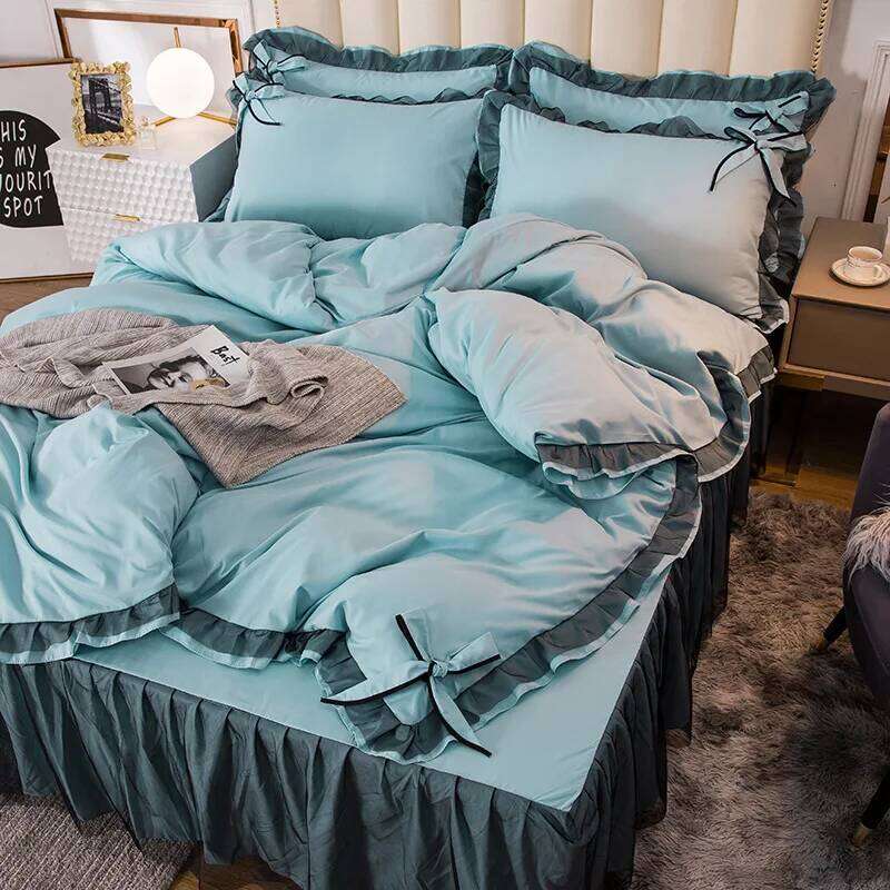 2024 new Korean version washed four-piece set solid color lace bed skirt bedding quilt cover kit Y260124