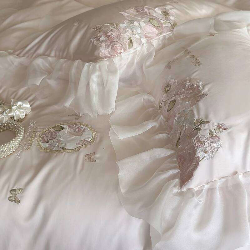 4Pcs Vintage French Lace Ruffles Flower Embroidery Lyocell Cotton Bedding Duvet Coves Set Bed Fitted Sheet Pillowcases Y260124