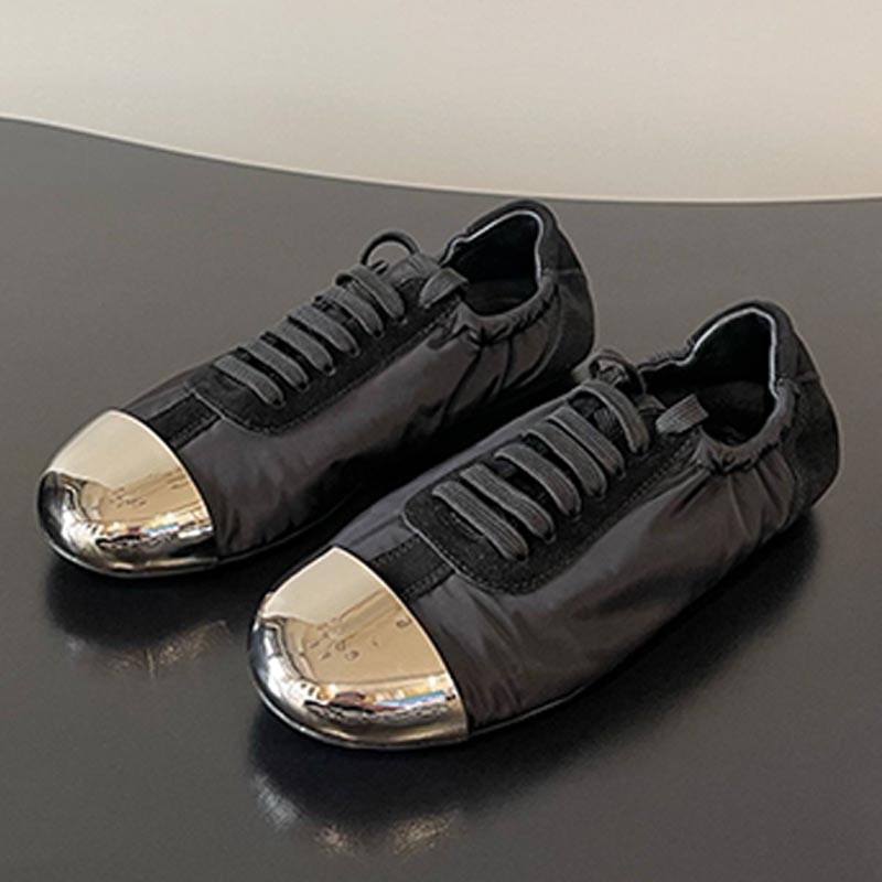 Designer Women Ballerinas Sneakers Smooth Metal Toe Nylon Leather Upper TPU Rubber Sole Sheepskin Inner Fashionable Womens Sports Shoes Outdoor Casual Shoes